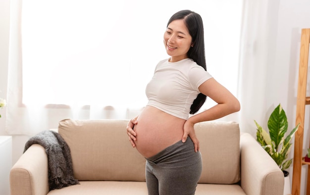 Junge asiatische schöne schwangere Frau hält die Hände am Bauch und steht zu Hause in der Nähe des Fensters