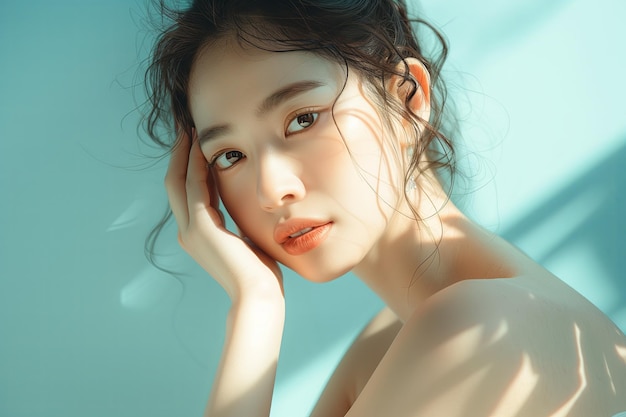 Junge asiatische Schönheit mit koreanischem Make-up-Stil perfekte saubere Haut auf isolierter blauer Hintergrund Gesichtsbehandlung Kosmetologie plastische Chirurgie