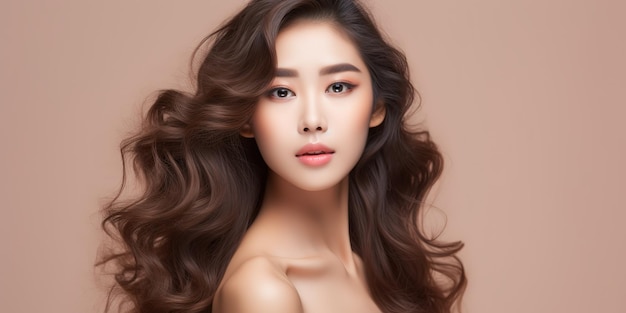 Junge asiatische Schönheit mit lockigem langem Haar mit koreanischem Make-up-Stil