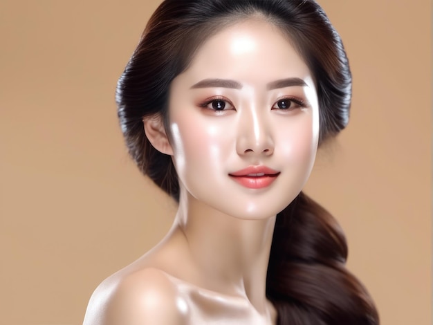 Junge asiatische Schönheitsfrau mit koreanischem Make-up-Stil Perfekte Haut auf isoliertem beigem Hintergrund