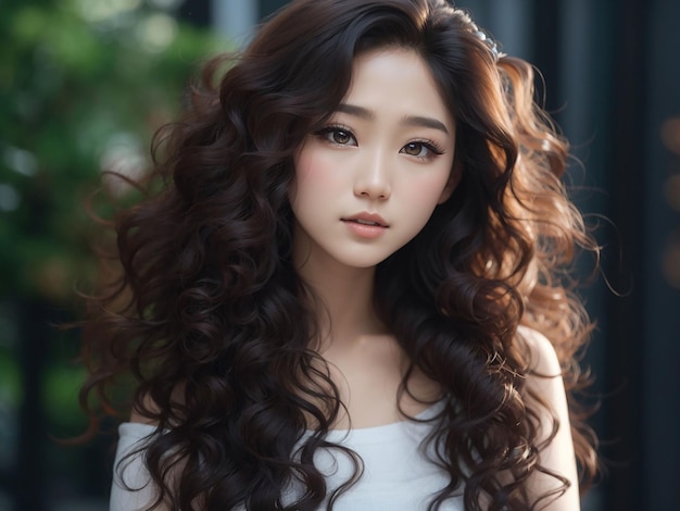 Junge asiatische Schönheitsfrau mit lockigem langen Haar, koreanischem Make-up-Stil im Gesicht und perfekter Haut