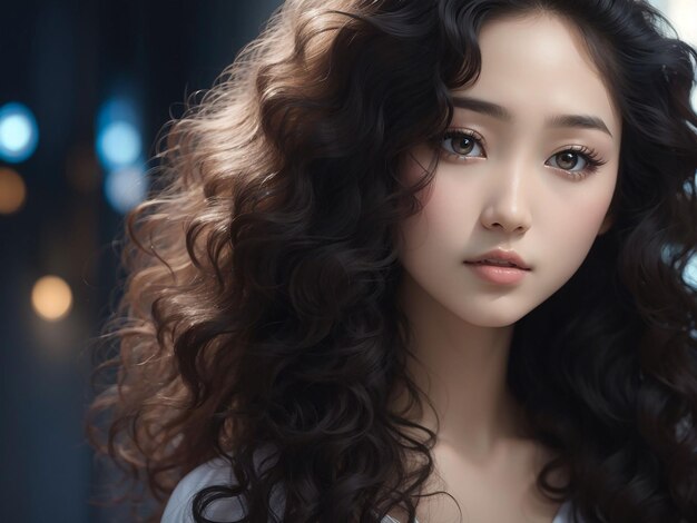 Junge asiatische Schönheitsfrau mit lockigem langen Haar, koreanischem Make-up-Stil im Gesicht und perfekter Haut