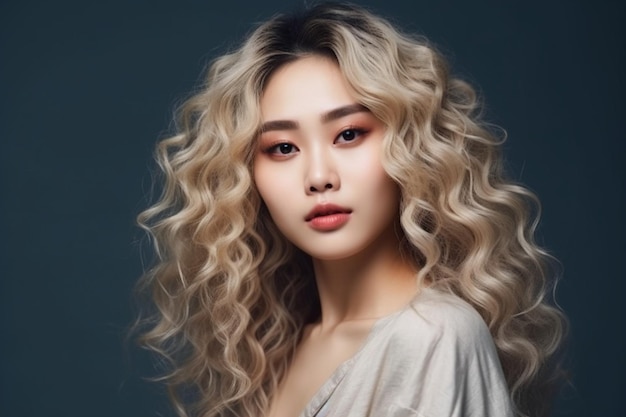 Junge asiatische Schönheitsfrau mit lockigem langen Haar, koreanischem Make-up-Stil im Gesicht und perfekter, sauberer Haut