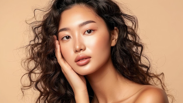 Junge asiatische Schönheitsfrau mit lockigem langen Haar und koreanischem Make-up-Stil berührt ihr Gesicht und perfekte Haut auf isoliertem beigem Hintergrund. Gesichtsbehandlung, Kosmetologie und plastische Chirurgie