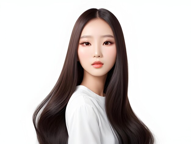 Junge asiatische Schönheitsfrau modelliert langes Haar mit koreanischem Make-up-Stil im Gesicht und perfekter Haut