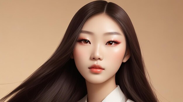 Junge asiatische Schönheitsfrau modelliert langes Haar mit koreanischem Make-up-Stil im Gesicht und perfekter Haut