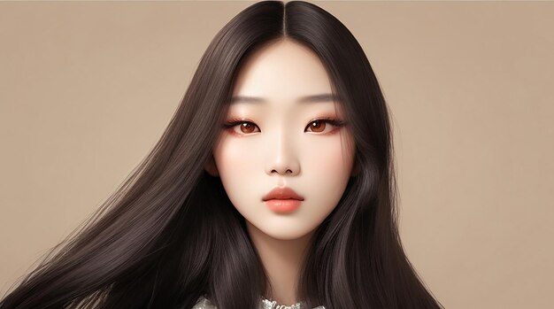 Junge asiatische Schönheitsfrau modelliert langes Haar mit koreanischem Make-up-Stil im Gesicht und perfekter Haut