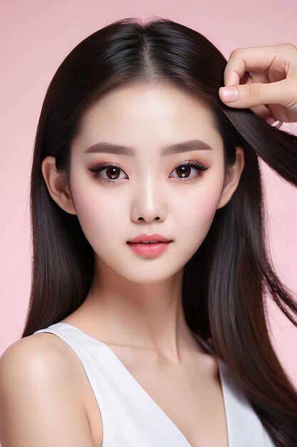 Junge asiatische Schönheitsfrau zieht ihre Haare zurück mit koreanischem Make-up-Stil im Gesicht und perfekter Reinigung