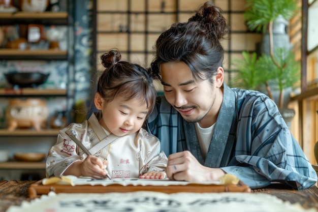 Junge asiatische Vater und Tochter verbinden sich, während sie zu Hause zusammen zeichnen