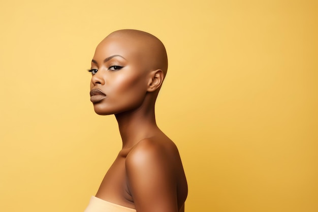 Junge, attraktive afroamerikanische Frau mit rasiertem Kopf auf pastellgelbem Hintergrund