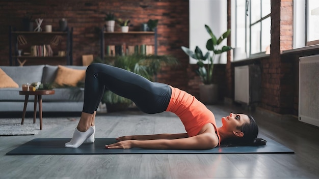 Junge, attraktive Frau in Glute-Bridge-Pose im Studio-Abendpraktikum