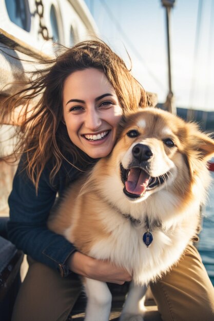 Junge, attraktive Frau sitzt mit ihrem Hund am Pier, umarmt und streichelt ein schönes Haustier.