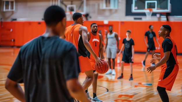 Foto junge basketballspieler in aktion sie tragen orange und schwarze uniformen und spielen auf einem innenplatz