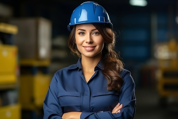 Junge Baumeisterin in Bauuniform und Schutzhelm