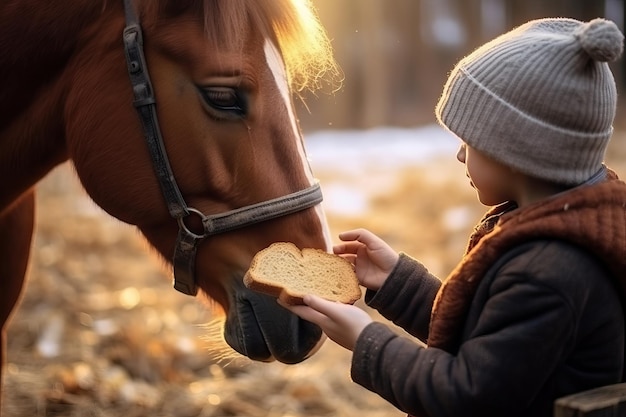 Junge behandelt Pferd mit Brot Nahaufnahme einer herzerwärmenden Interaktion