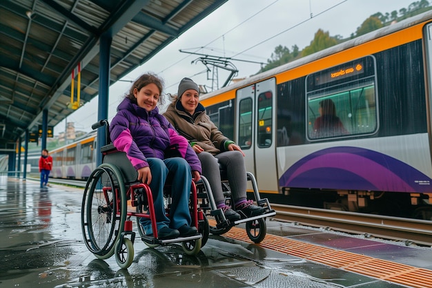 Junge behinderte Menschen in einem Rollstuhl warten auf den Zug, der den Bahnhof betritt