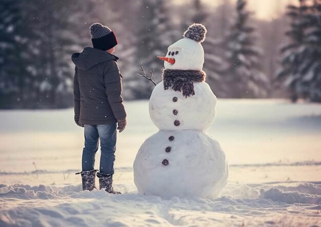 Foto junge beobachtet den sonnenuntergang, nachdem er an einem kalten wintertag einen schneemann gebaut hatai generative