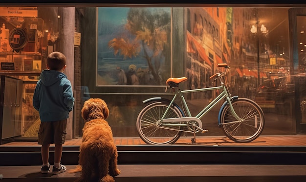 Junge blickt mit einem Fahrrad auf ein Schaufenster und träumt von einem Fahrrad