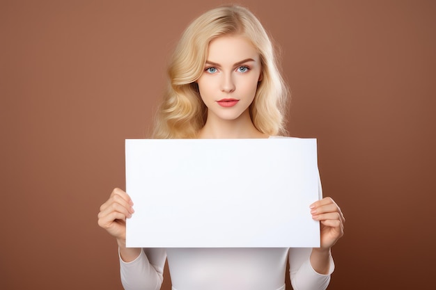 Junge blonde Frau hält eine leere Werbetafel in der Hand