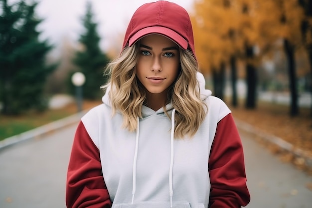 Junge blonde Frau im herbstlichen Parkstraßenporträt Lifestyle-Konzept für die Herbstsaison