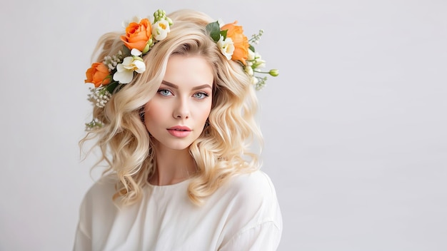 Junge blonde Frau mit einer Frisur von Frühlingsblumen in ihrem Haar auf weißem festen Hintergrund Banner mit Kopierraum Weibliche Schönheit Porträt Make-up Frisur Stylist weibliche Energie KI generiert