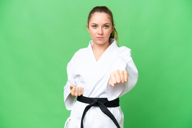 Junge blonde Frau über isoliertem Chroma-Key-Hintergrund beim Karate