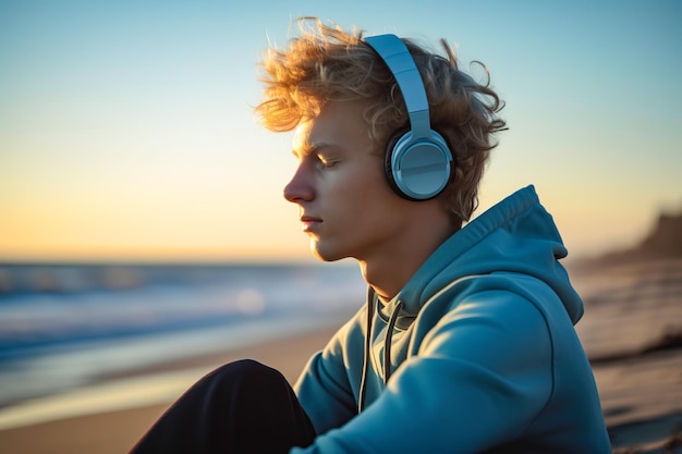 Junge Blondine meditiert bei Sonnenuntergang am Strand. Generative KI