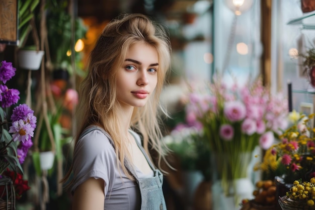 Foto junge blumenhändlerin im blumenladen.