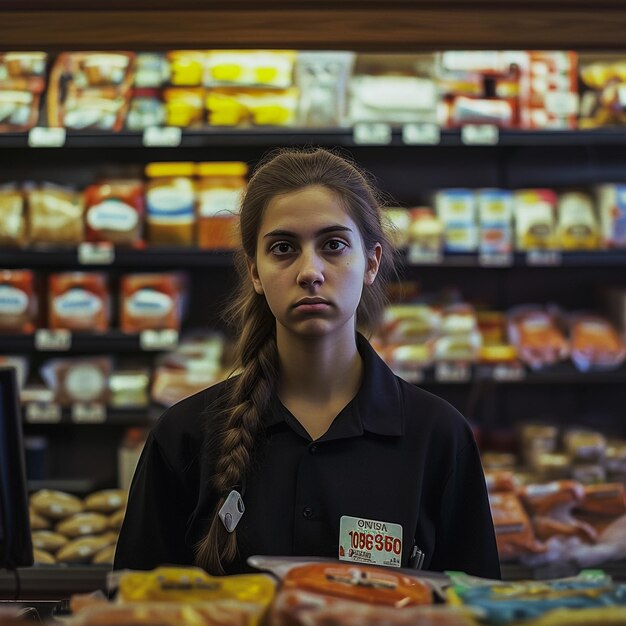 Foto junge brasilianische bauernmarktverkäuferin mit schürze, die im sommer im freien in der stadt obst verkauft