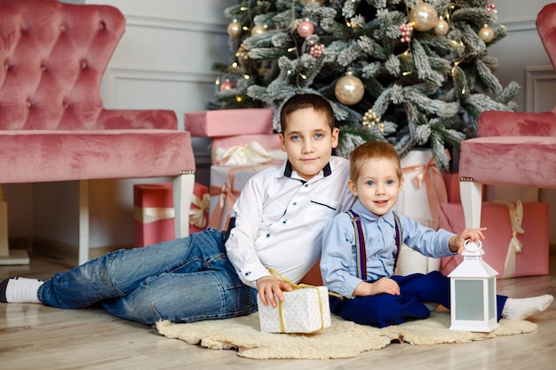 Junge Brüder in der Nähe von Weihnachtsbaum