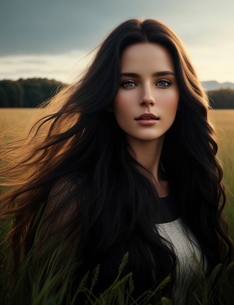 junge brünette Frau mit langen braunen Haaren auf dem Feld