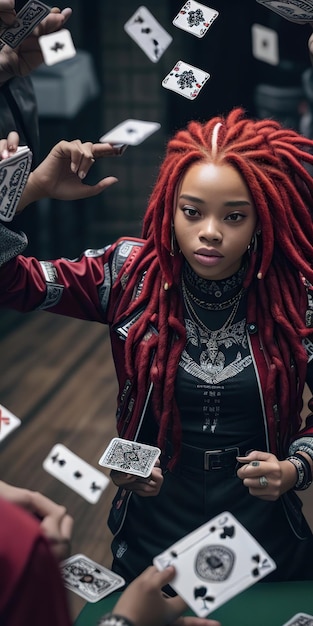 Junge brünette Frau mit roten Haaren trägt Streetwear-Kleidung mit Dreadlocks und spielt Karten