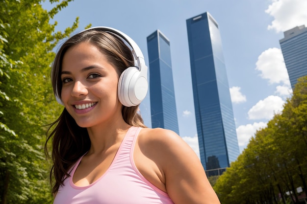 Junge brünette Frau trägt Sportbekleidung und hört im Park Musik