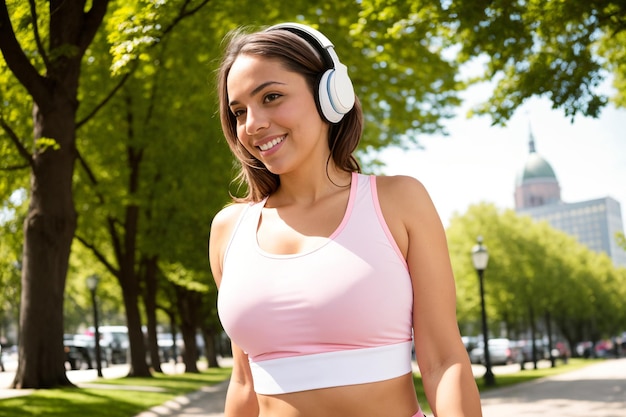Junge brünette Frau trägt Sportbekleidung und hört im Park Musik