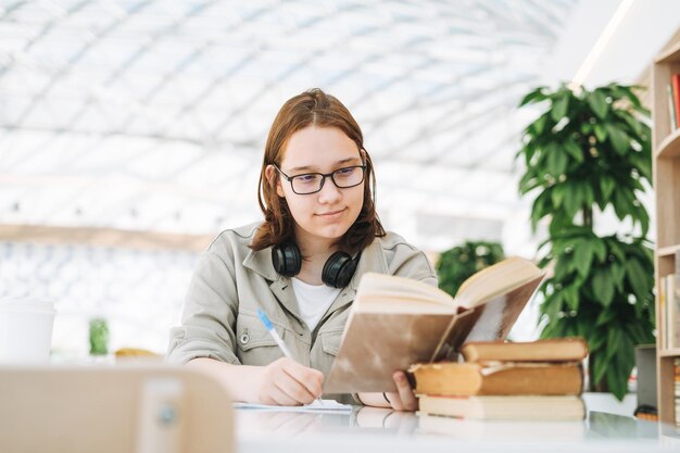 Junge brünette Teenager-Mädchen-College-Studentin mit Brille, die Hausaufgaben mit Büchern an einem öffentlichen Ort in der grünen modernen Bibliothek macht