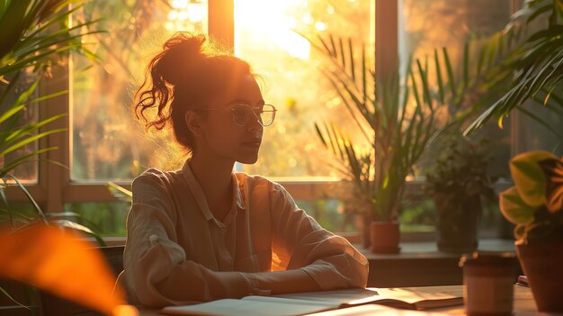 Junge Büroangestellte in einem Café mit ihrem Laptop, der in die Kamera lächelt, mit generativer KI im Sonnenschein