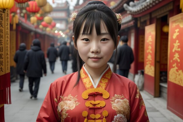 Foto junge chinesische frau in traditioneller kleidung feiert das chinesische neujahr auf der straße