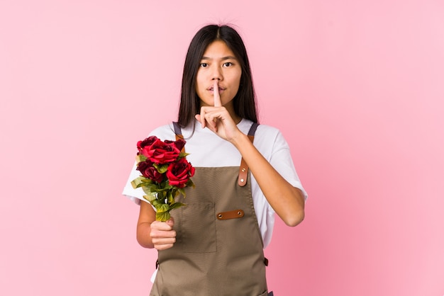 Junge chinesische Gärtnerin, die eine isolierte Rosen hält, die ein Geheimnis hält oder um Stille bittet.
