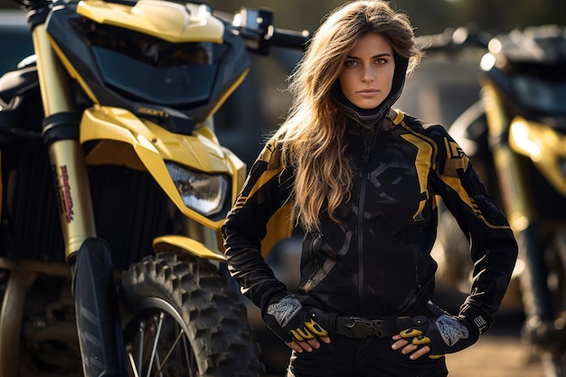 Junge coole Frau mit langen Haaren, Motorradausrüstung und Helm in den Farben AI Genera in Gelb und Schwarz