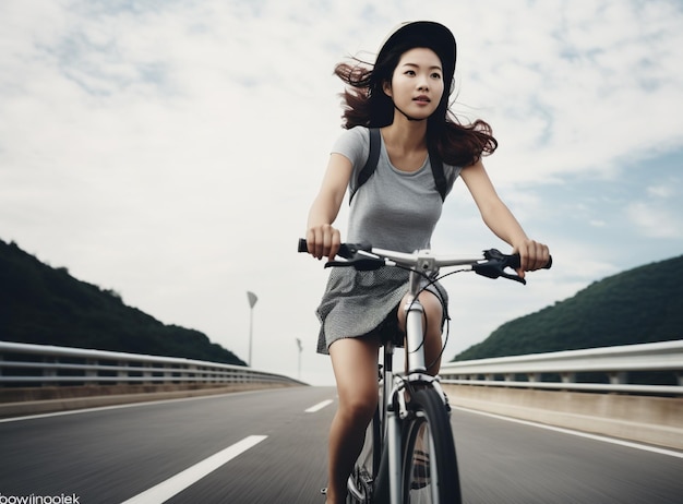 Junge Dame fährt Fahrrad auf der Straße