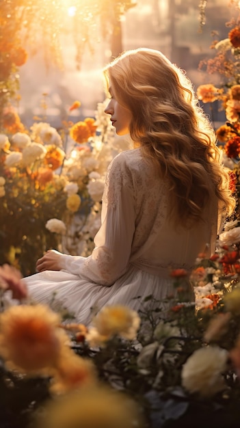 Junge Dame im Blumengarten, umgeben von Blumen