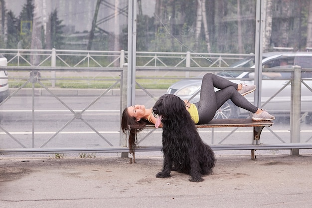 Junge Dame mit schwarzem Briard in ihrer Nähe liegt auf der Bank auf der öffentlichen Verkehrsstation, während sie auf Bus wartet.