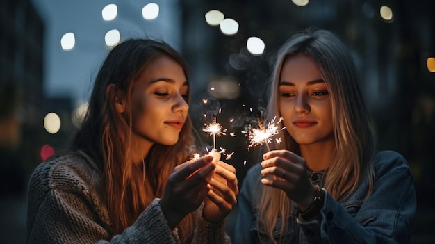 Junge Damen blasen Konfetti aus ihren Händen Freunde feiern abends auf einer Terrasse Generative KI