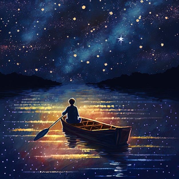 junge, der ein boot im meer der sternenklaren nacht mit mysteriösem licht, digitalem kunststil, illustrat rudert