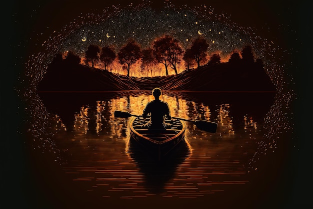 Junge, der ein Boot im Meer der sternenklaren Nacht rudert, mit mysteriösem Licht im digitalen Kunststil, Illustration, Malerei, Fantasy-Konzept eines Jungen, der ein Boot rudert
