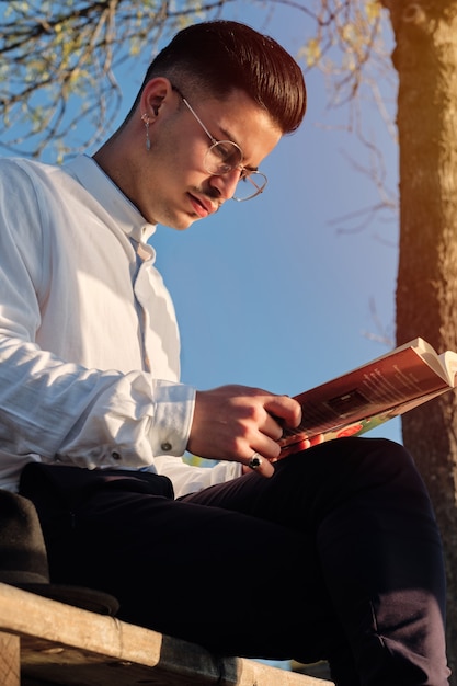 Junge, der ein Buch im Sonnenlicht liest