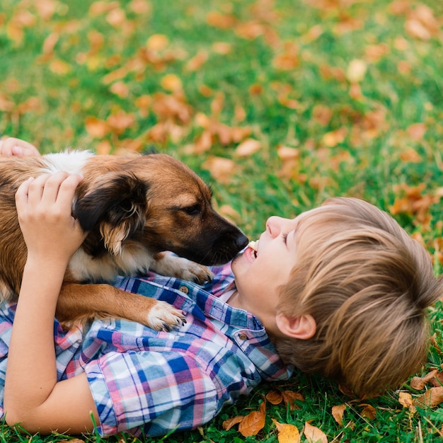 Junge, der einen Hund umarmt und im Herbst mit Stadtpark spielt