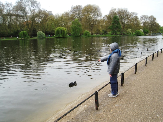 Foto junge, der enten am see füttert, in voller länge