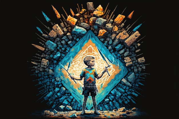 Junge, der in der Höhle steht Kind mit Speer, das in einer Höhle voller futuristischer Steinblöcke steht, digitale Kunststil-Illustrationsmalerei