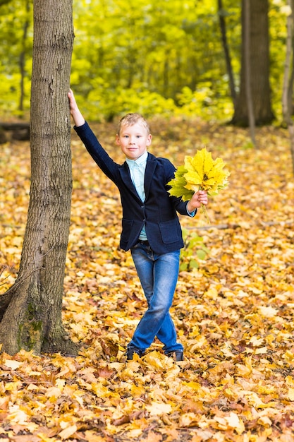 Junge, der mit Herbstlaub im Park spielt